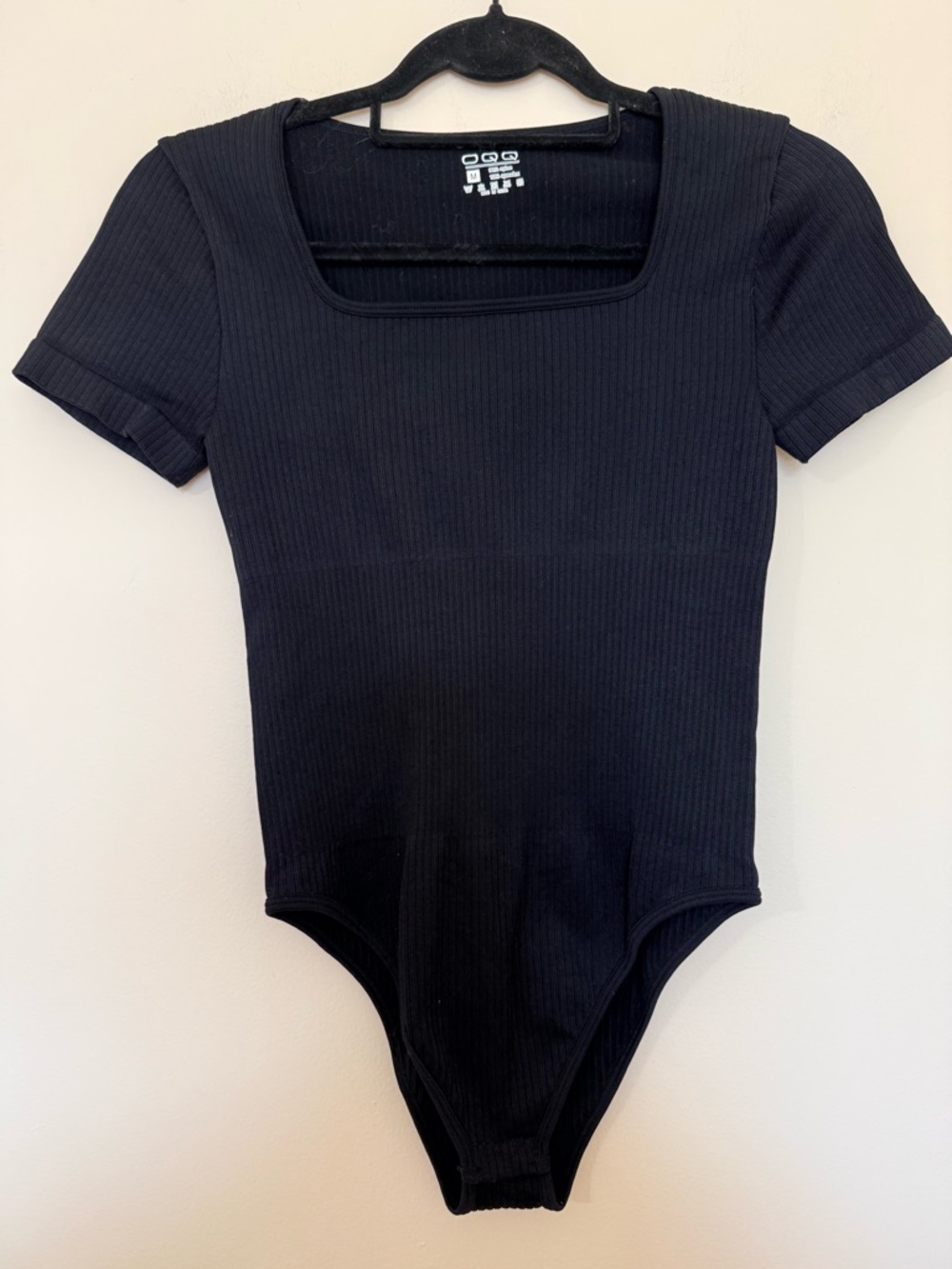 OQQ Square Neck Black Ribbed Bodysuit - Short Sleeve